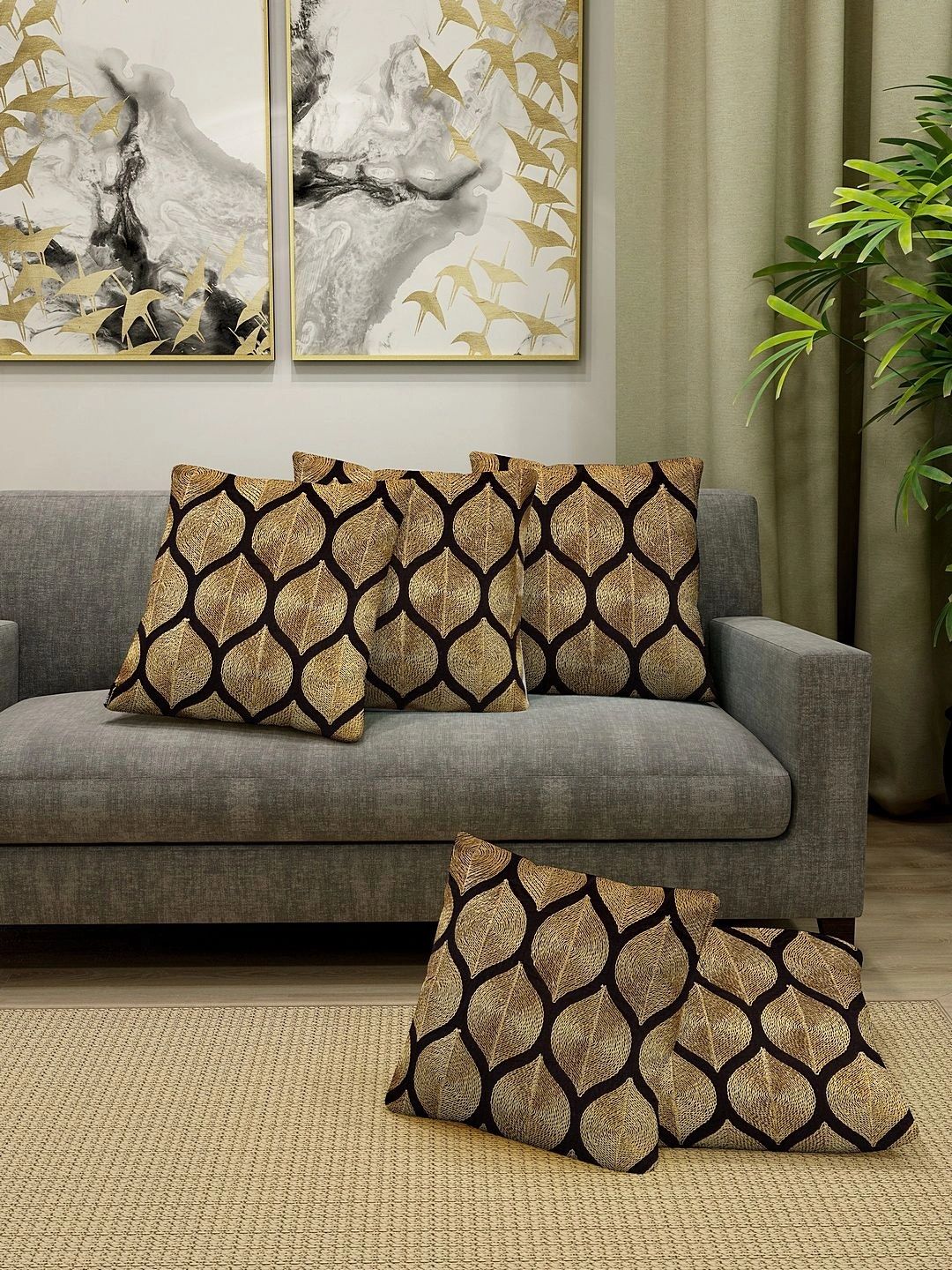 Myntra Elegant Homes Gold-Toned Set of 5 Square Cushion Covers-image-27