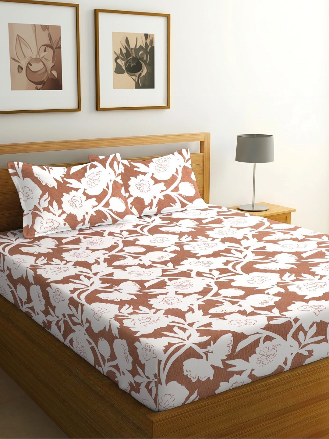 SHOMES Brown Floral 250 TC Bedsheet with 2 Pillow Covers-picture-11