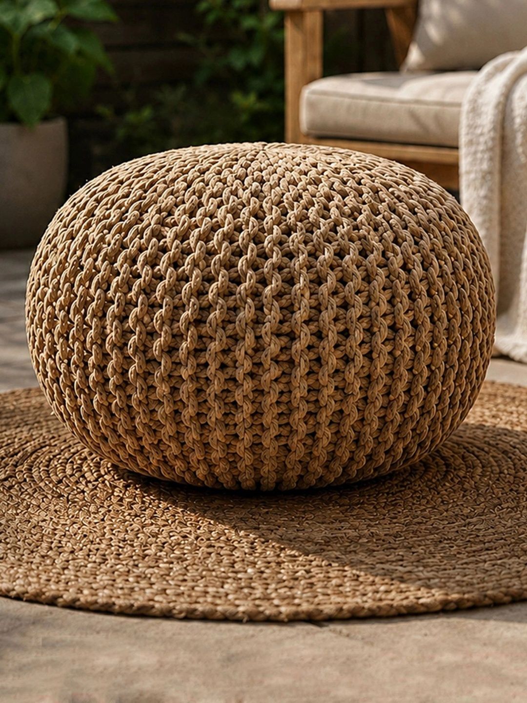 HABERE INDIA Brown Hand Knitted Sage Round Ottomans-picture-14