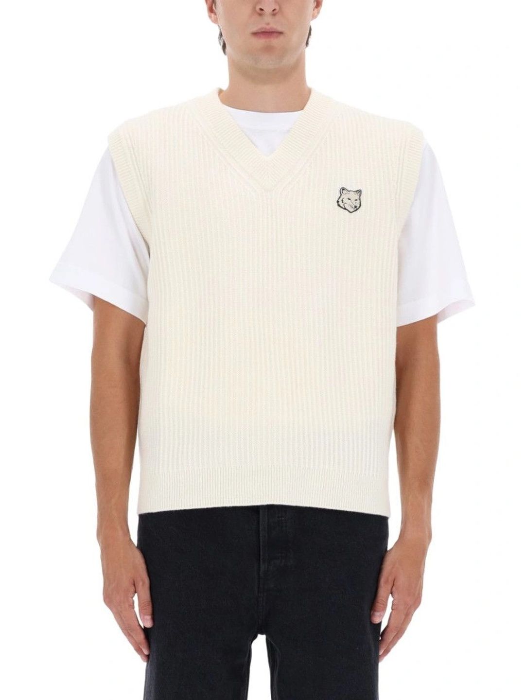 Maison Kitsune Men Cable Knit Ribbed Woollen Sweater Vest with Embroidered Detail-picture-46