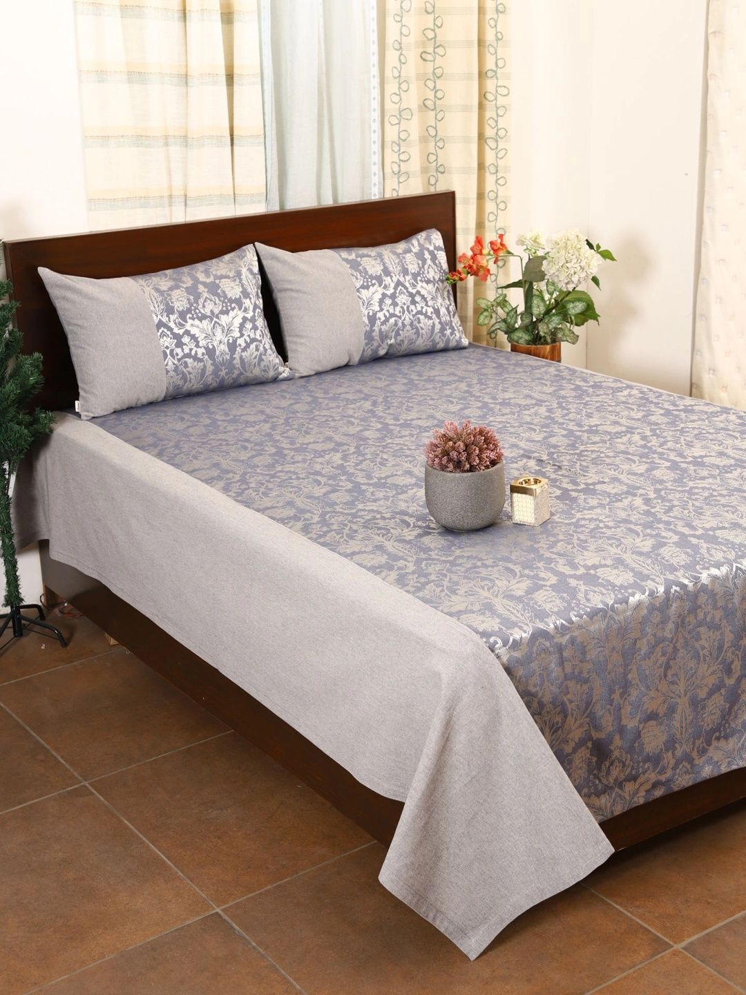 Home Blue & Grey Self Designed Double Bed - King Size Bed Covers With 2 Pillow Covers-picture-26
