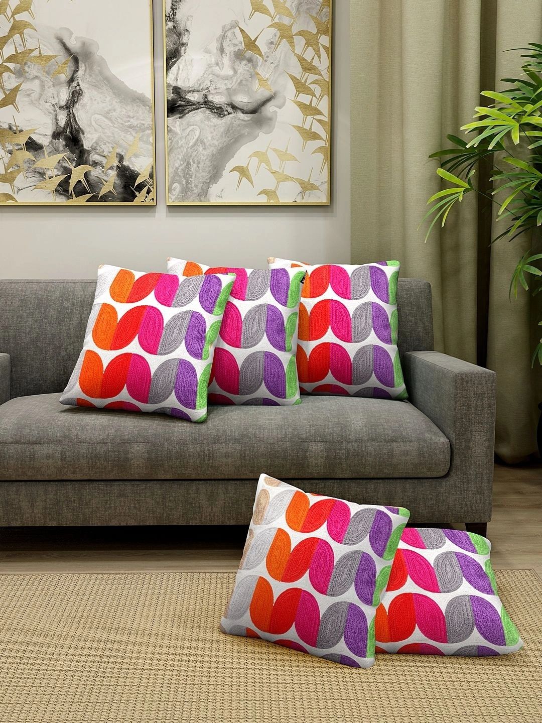 Myntra Elegant Homes Multicoloured Set of 5 Geometric Square Cushion Covers-image-39