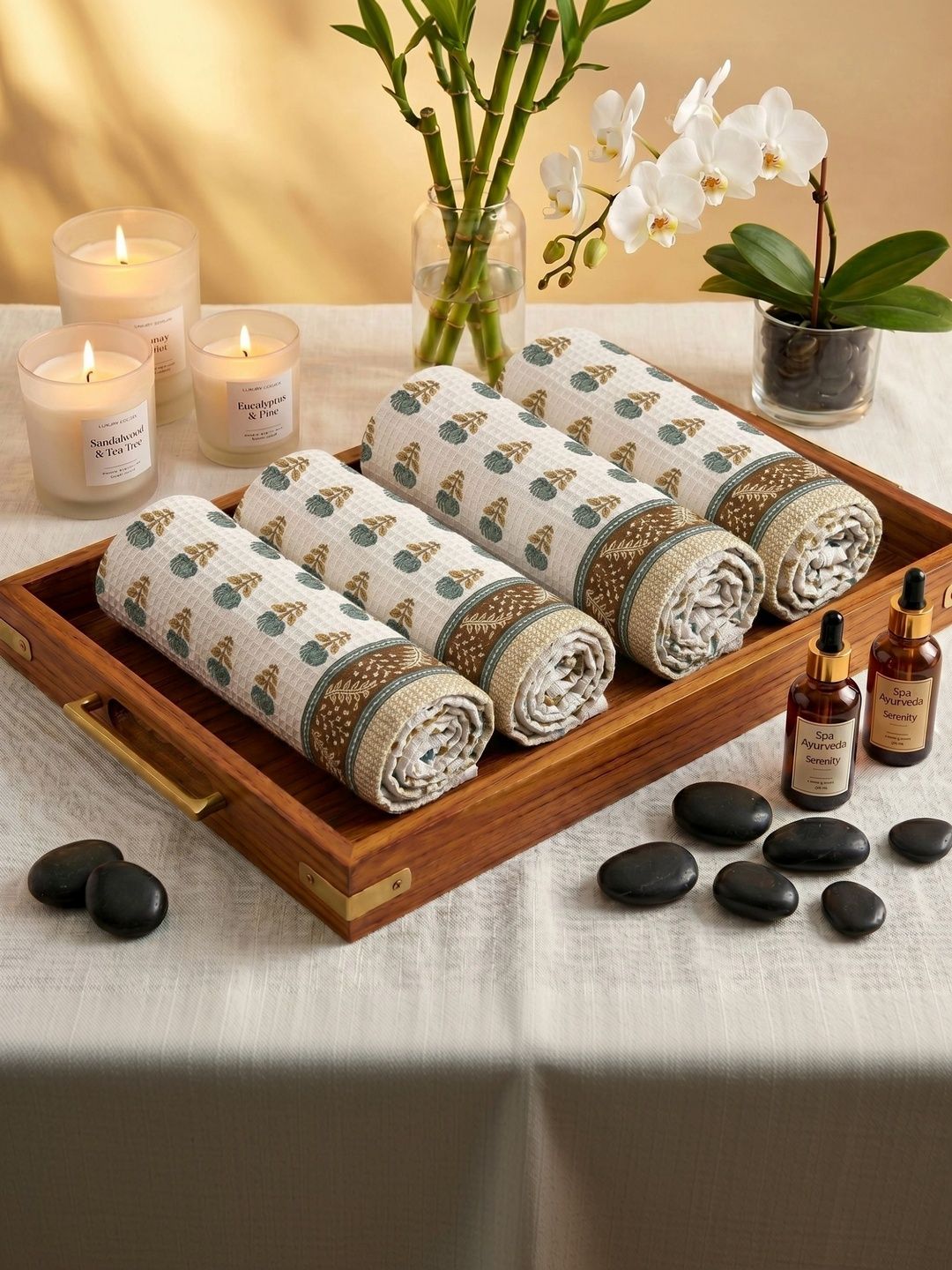 MAFATLAL 4Pcs White & Brown Ethnic Printed Pure Cotton 250-GSM Skin Friendly Hand Towels-picture-50