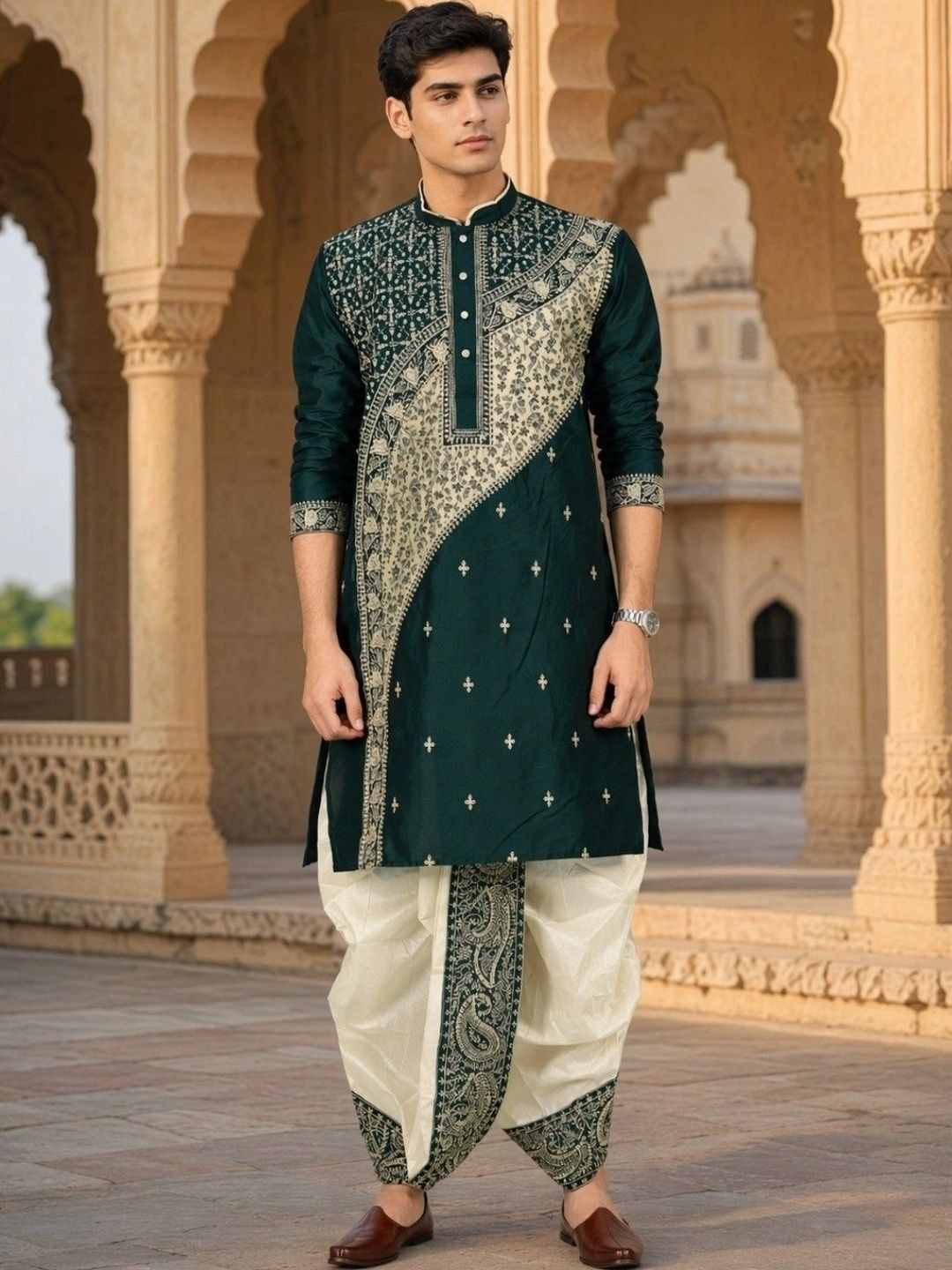 GOURI COLLECTIONS Men Ethnic Motifs Embroidered Regular Kurta with Dhoti Pants-picture-33