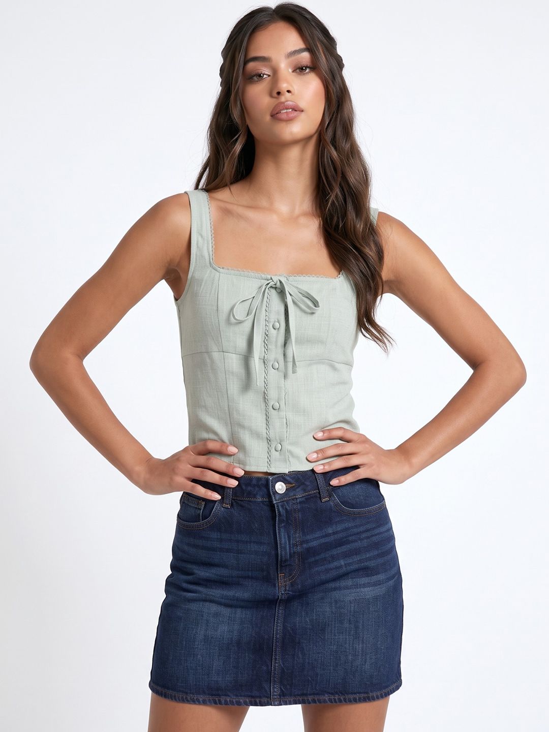 glitchez Sea Green Textured Crop Top with Square Neck-picture-15