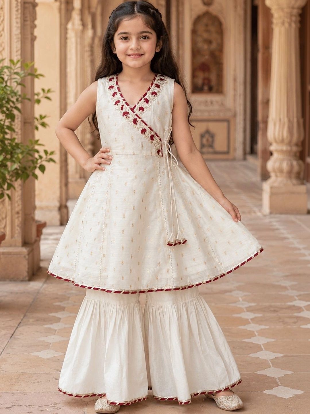 Bitiya by Bhama Girls Ethnic Motifs Angrakha Thread Work Chanderi Cotton Kurta with Sharara-image-36
