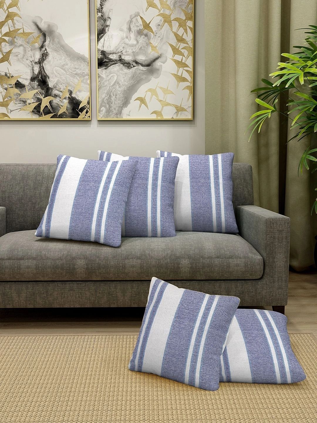 Myntra Elegant Homes Blue Set of 5 Striped Square Cushion Covers-picture-23