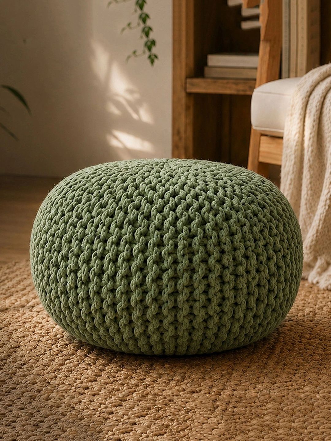 HABERE INDIA Sea Green Hand Knitted Sage Round Ottomans-picture-24