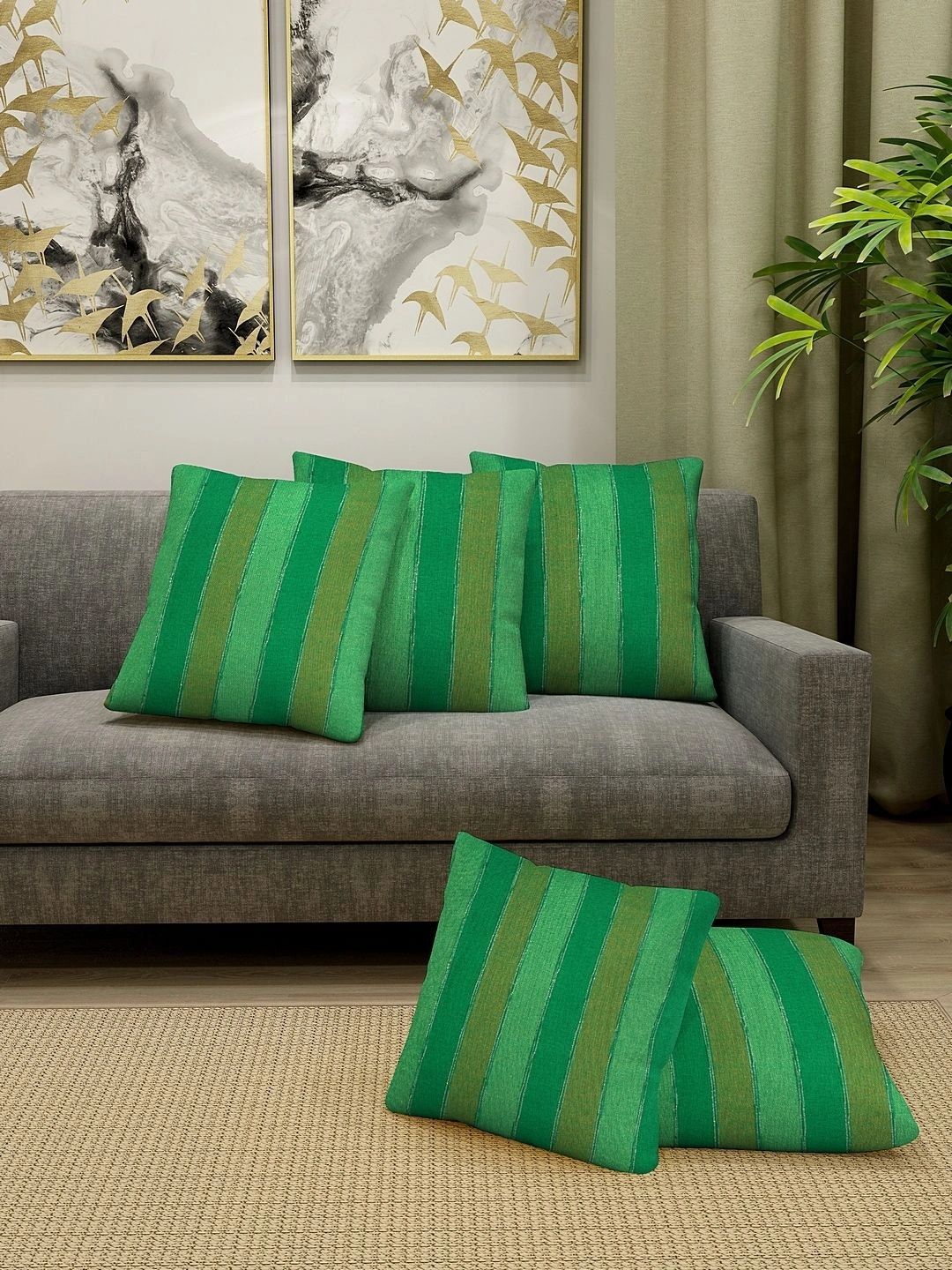 Myntra Elegant Homes Green Set of 5 Striped Square Cushion Covers-picture-36