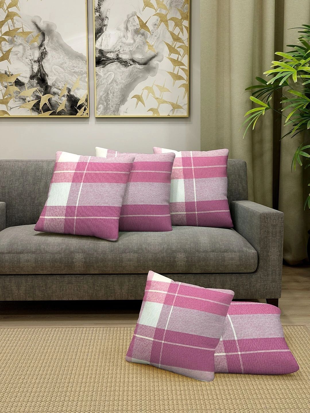 Myntra Elegant Homes Pink Set of 5 Checked Square Cushion Covers-picture-47