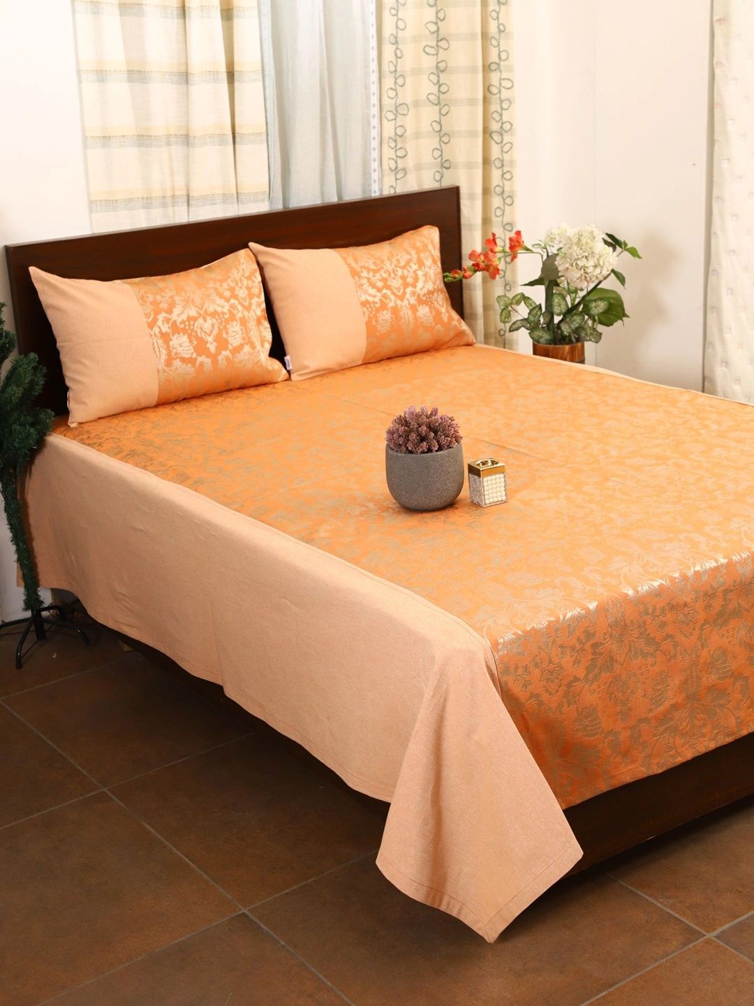 Home Orange-Colored Self Designed Double Bed - King Size Bed Covers With 2 Pillow Covers-picture-29