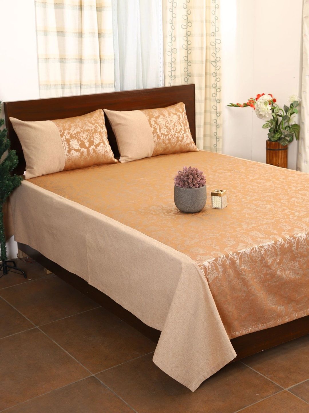 Home Brown & Beige Self Designed Double Bed - King Size Bed Covers With 2 Pillow Covers-picture-36