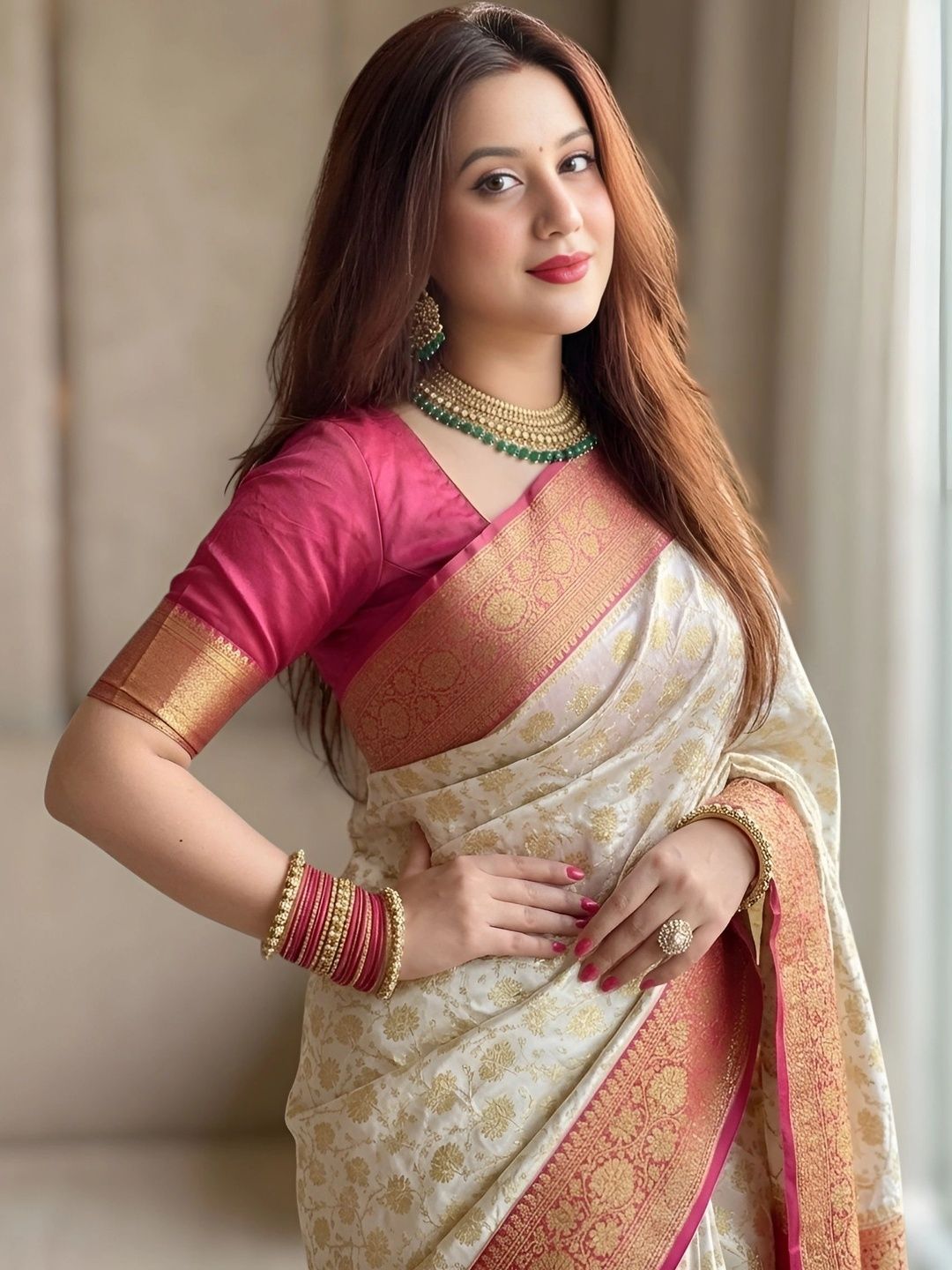 EEFA FASHION Woven Design Zari Satin Banarasi Saree-image-1