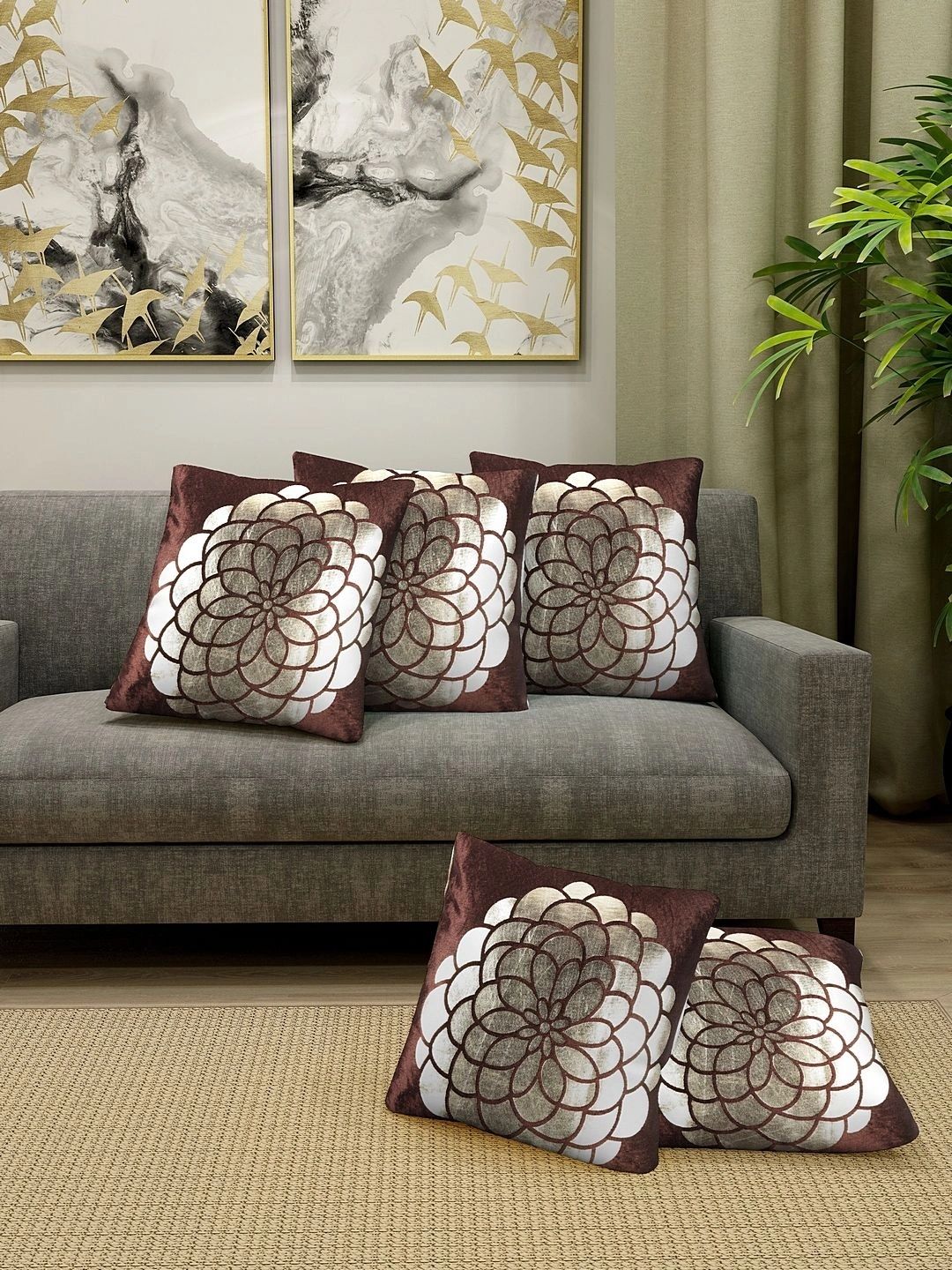 Myntra Elegant Homes Brown Set of 5 Floral Square Cushion Covers-image-20