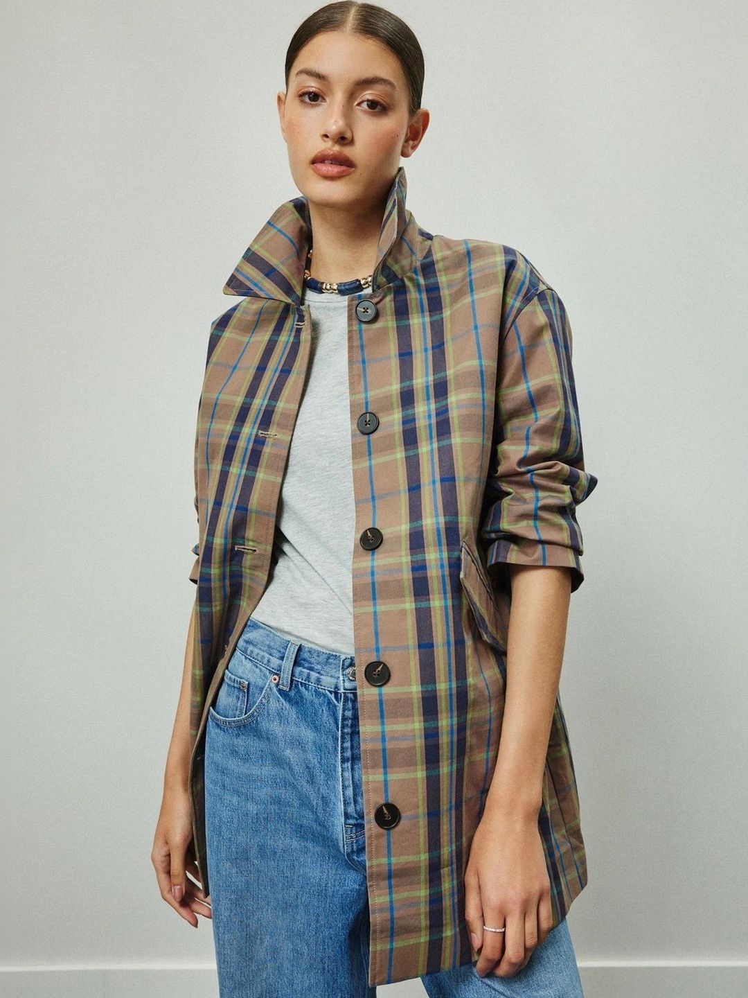 NEXT Checked Cotton Stand Collar Knee Length Overcoat-picture-19