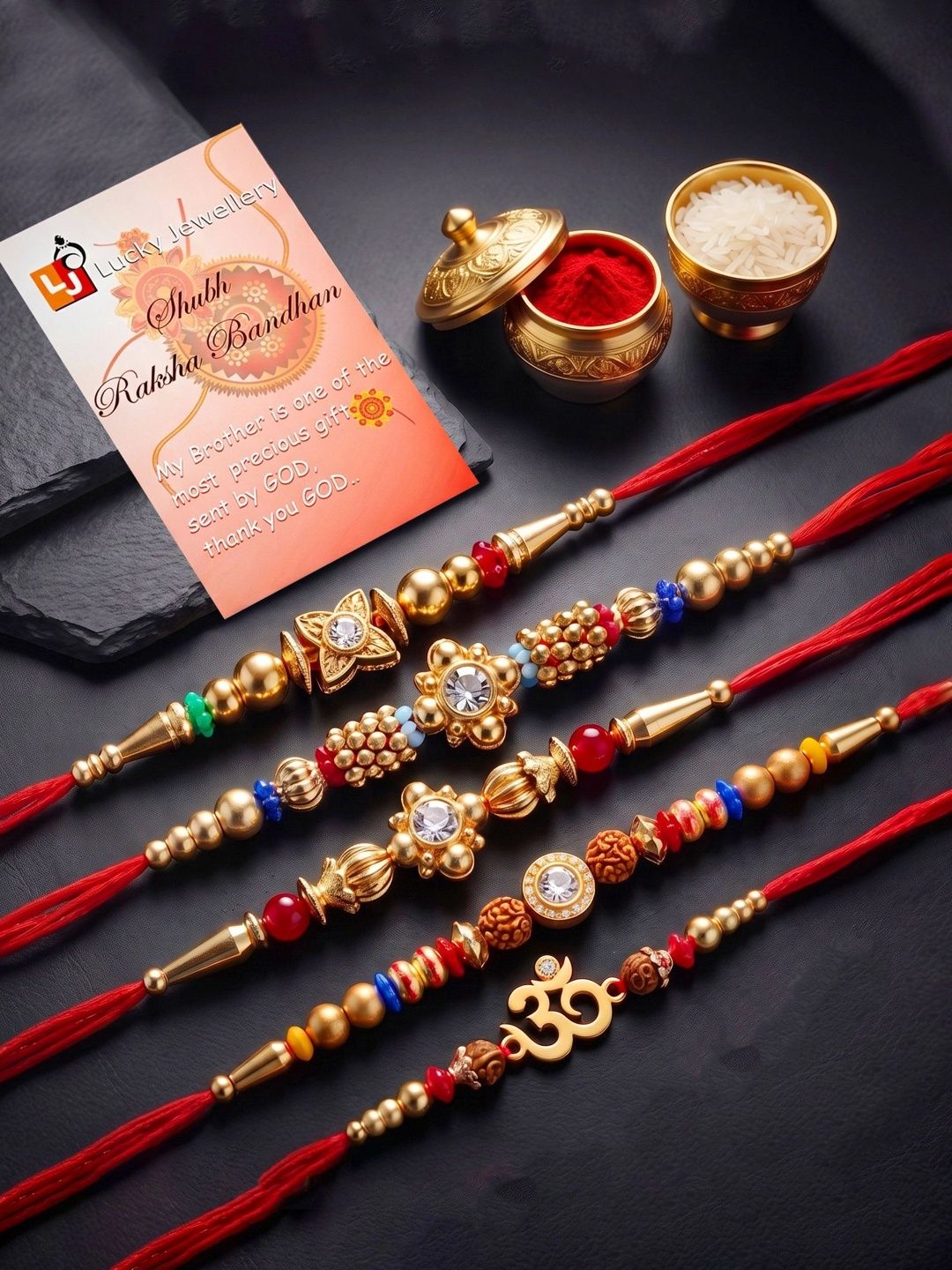 LUCKY JEWELLERY Set Of 5 Rakhis With Greeting Card & Roli Chawal-image-45