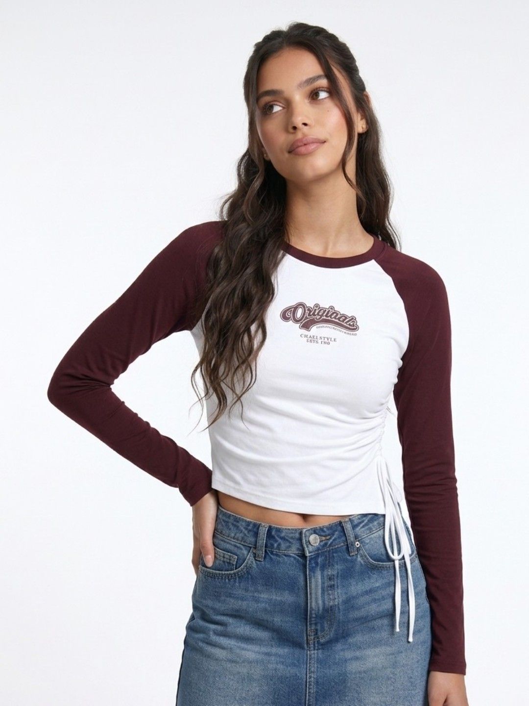 glitchez White and Brown Crop Top with Raglan Sleeves-picture-23