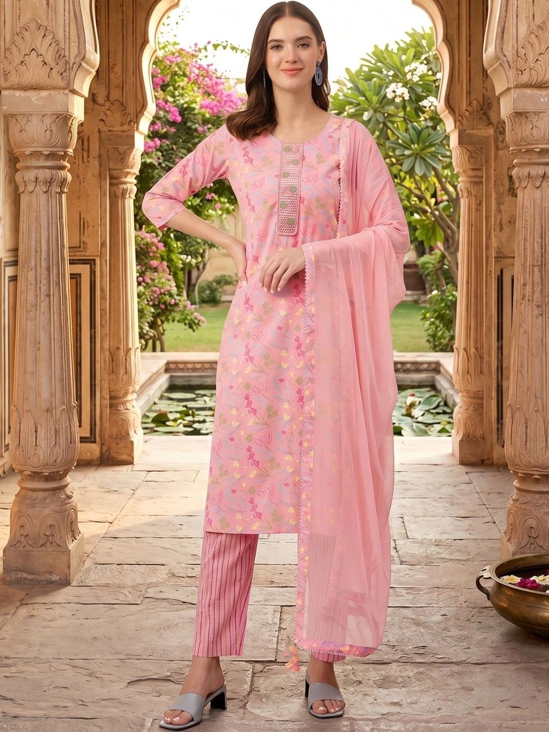 NAVYAAZRI Women Floral Printed Regular Thread Work Pure Cotton Kurta with Trousers & With Dupatta-picture-47