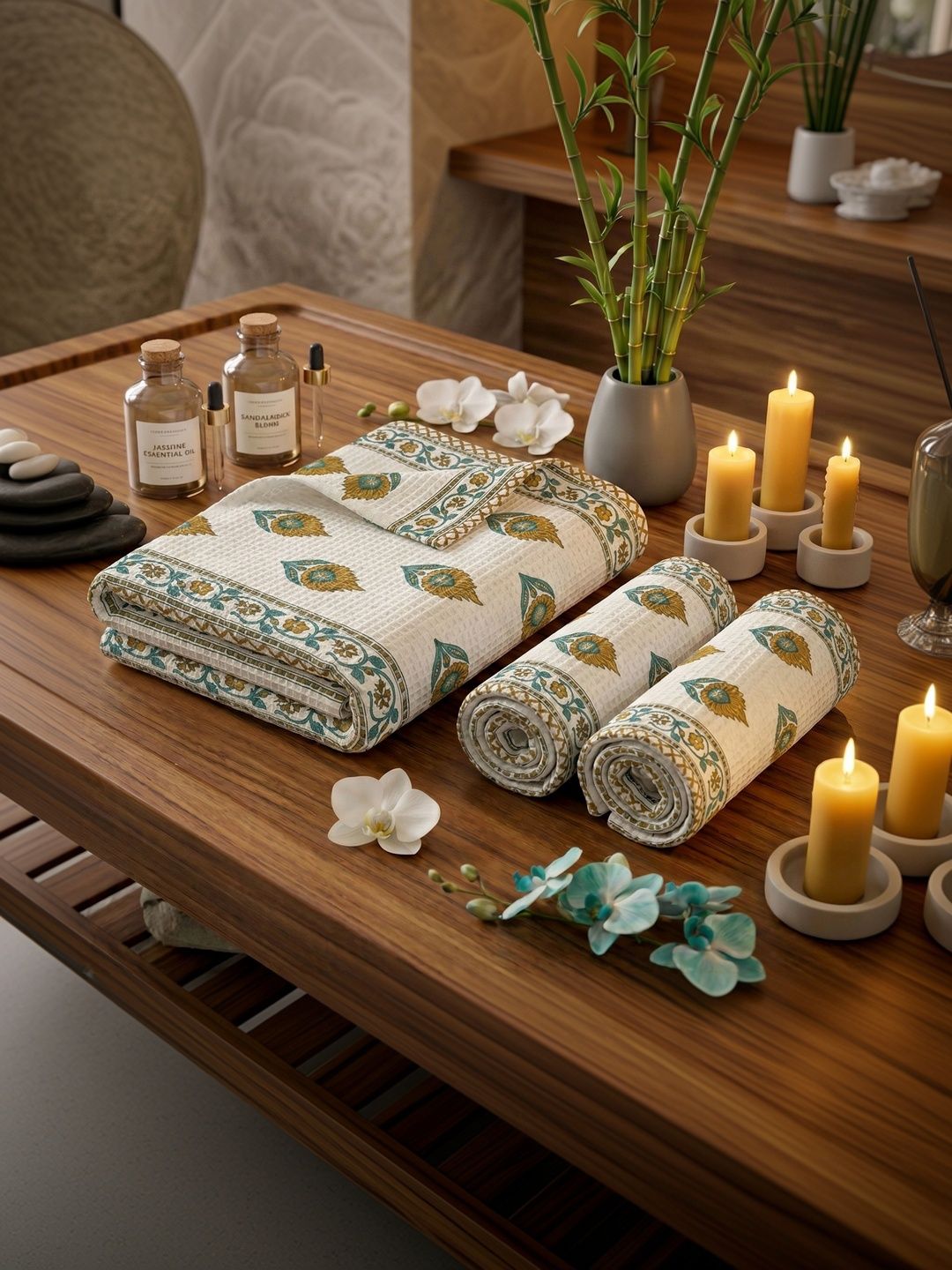 MAFATLAL White & Turquoise Blue 3 Piece Printed Cotton 250 GSM Towel Set-image-47