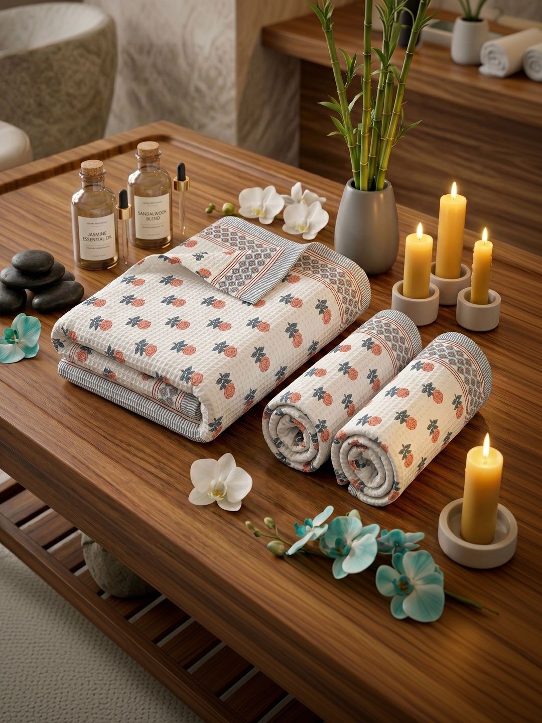 MAFATLAL White & Peach-Coloured 3 Piece Printed Cotton 250 GSM Towel Set-image-25