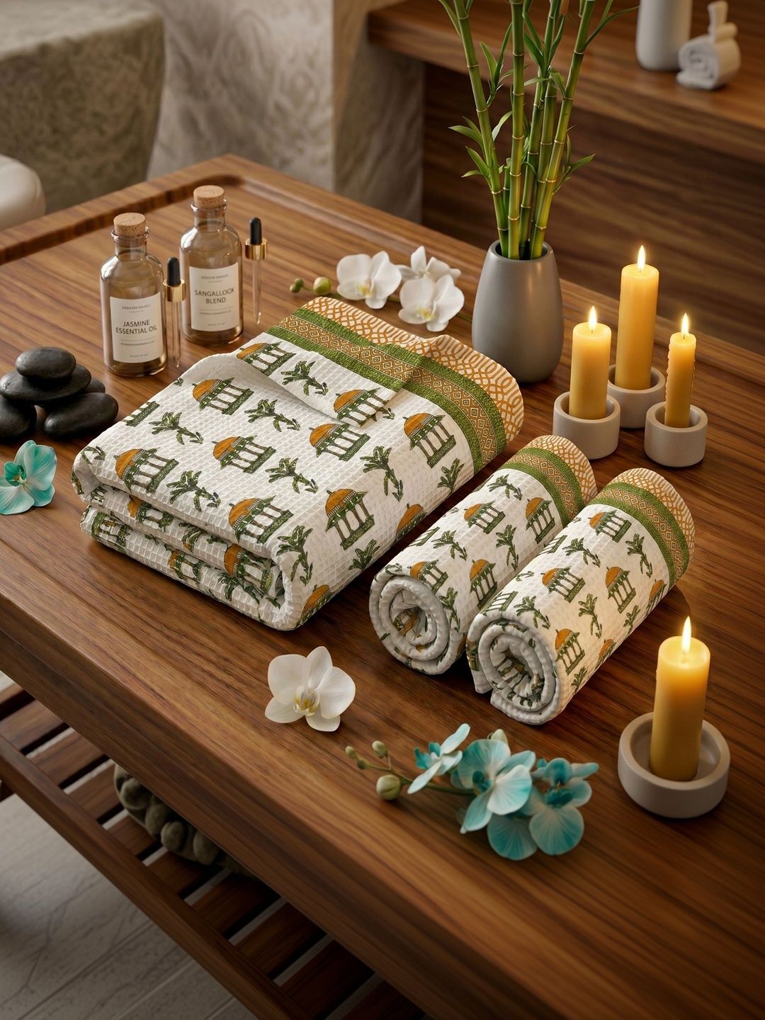 MAFATLAL White & Green 3 Piece Printed Cotton 250 GSM Towel Set-image-49