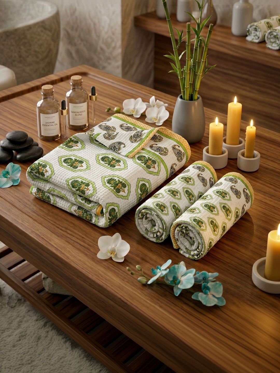 MAFATLAL White & Green 3 Piece Printed Cotton 250 GSM Towel Set-image-49