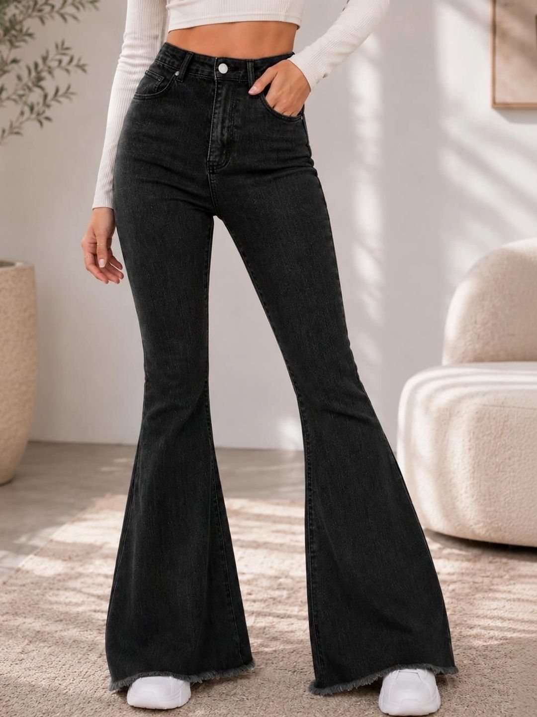 glitchez Women Bootcut High-Rise Cuffed Hem Stretchable Jeans-picture-29