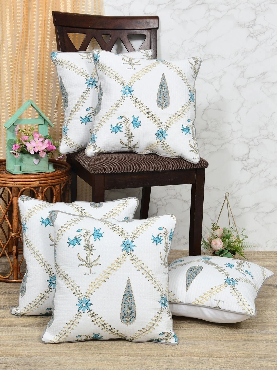 Clasiko White Set of 5 Floral Square Cushion Covers-picture-14