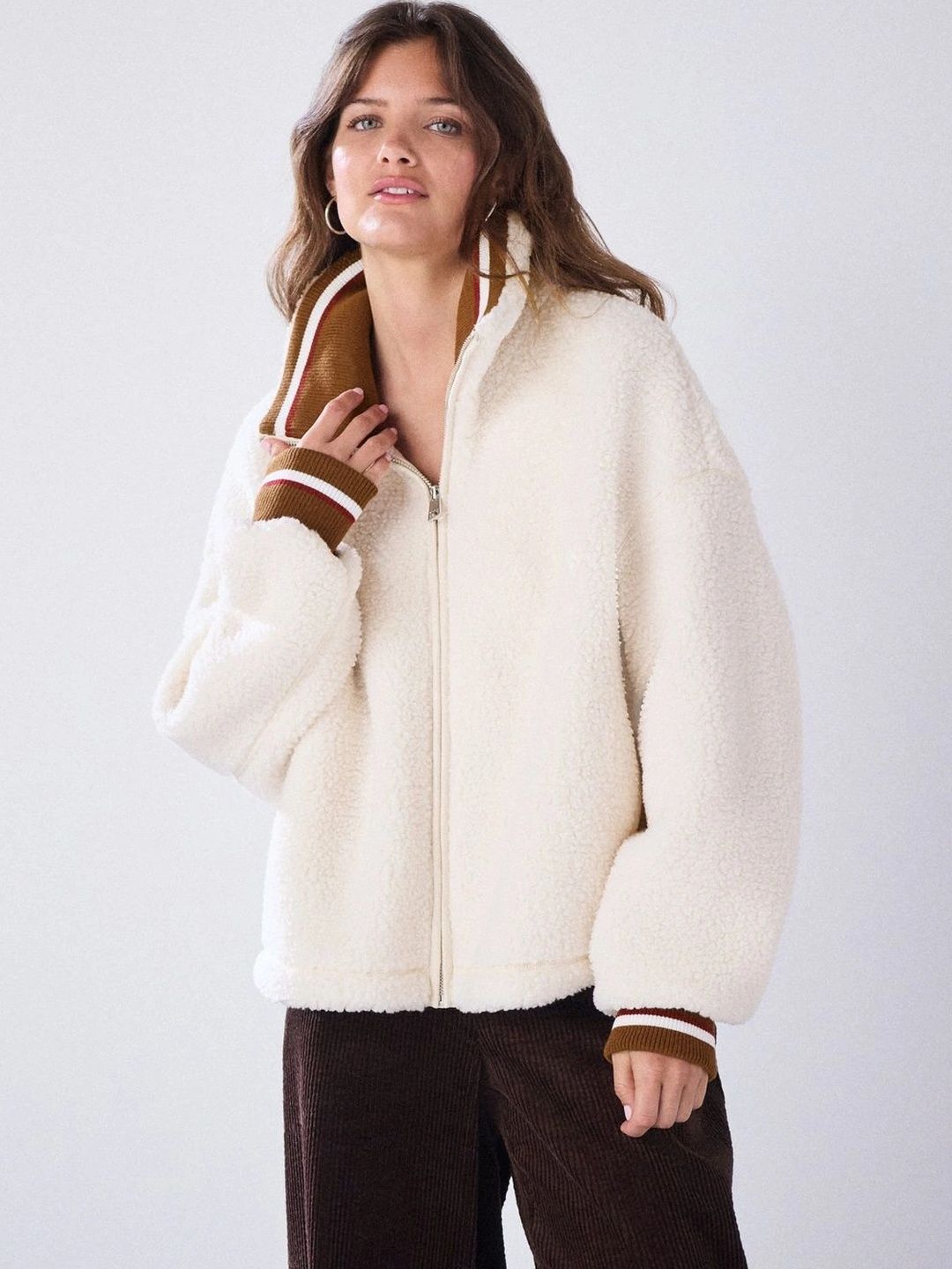 NEXT Women Funnel Neck Contrast Collar Borg Jacket-picture-32