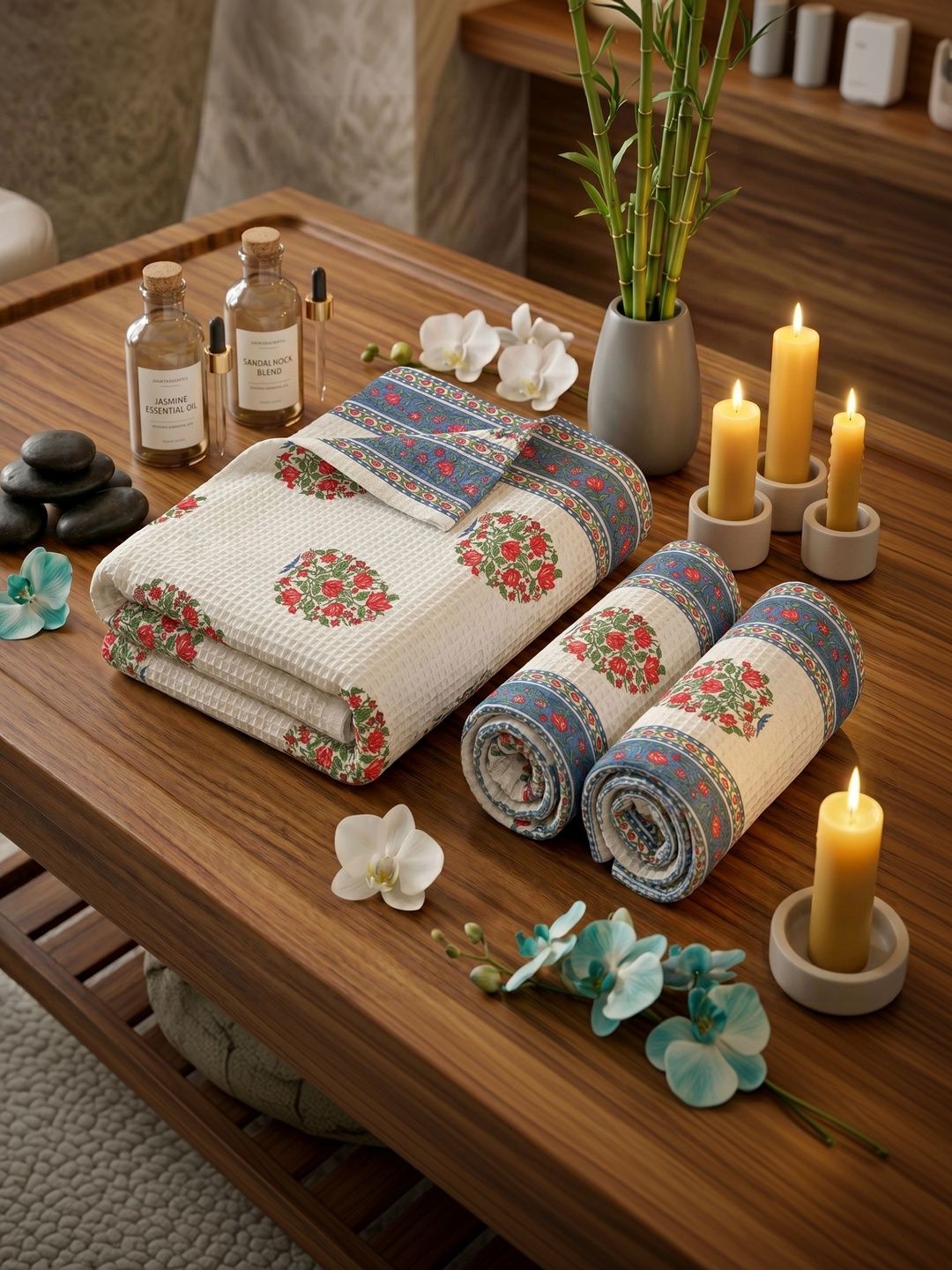 MAFATLAL White & Blue 3 Piece Printed Cotton 250 GSM Towel Set-image-45