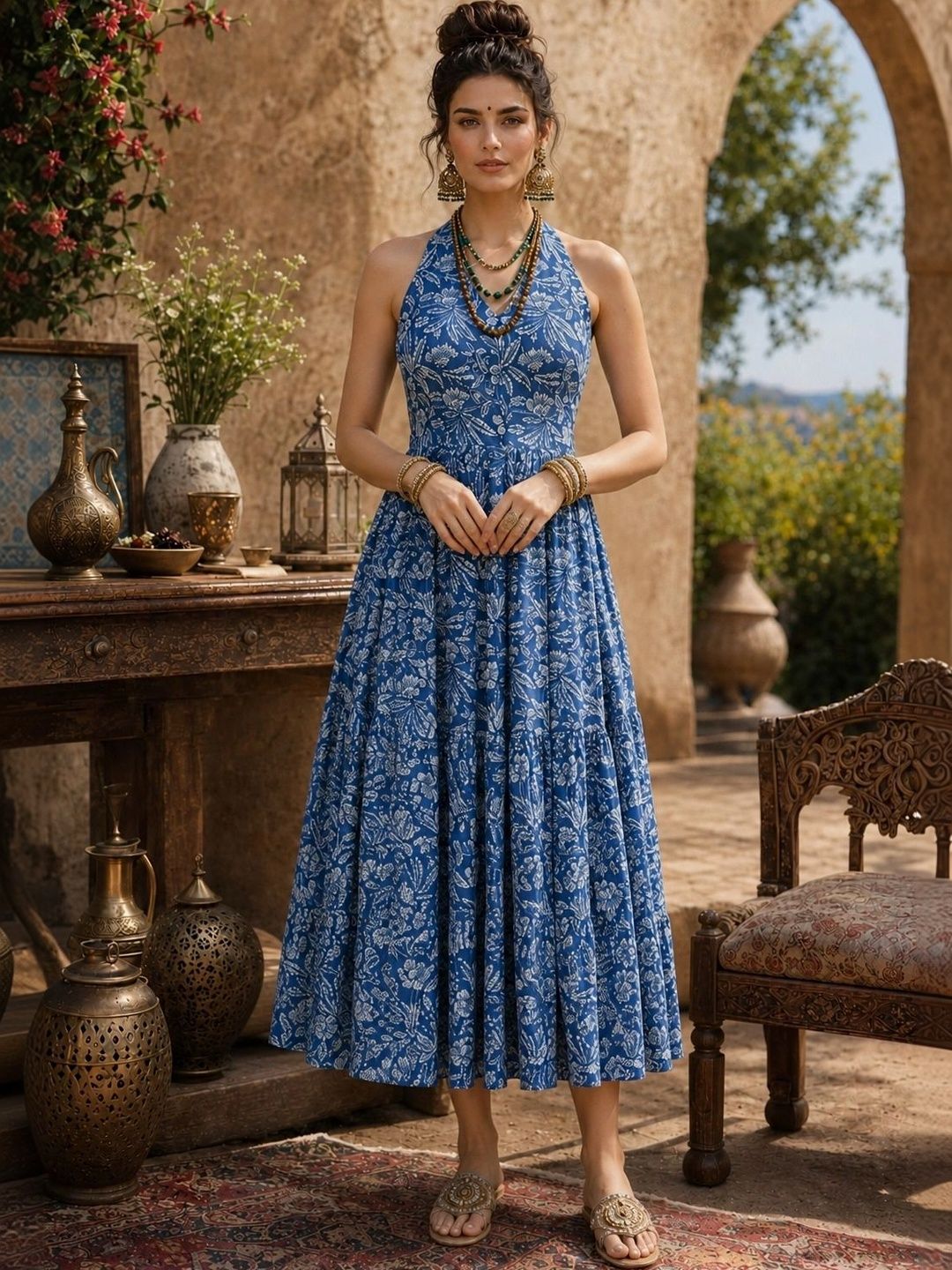 LIAPARO Floral Print Halter Neck A-Line Midi Dress-picture-32