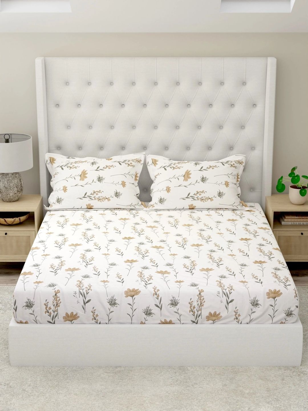Pure Decor White & Gold-Toned Floral 180 TC Bedsheet with 2 Pillow Covers-picture-6