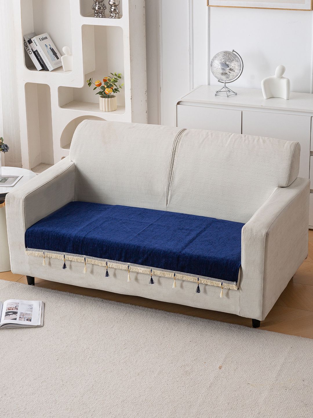 HOKIPO Sapphire Navy Serenity Tassel Chenille 2 Seater Sofa Cover with Tassel-picture-15
