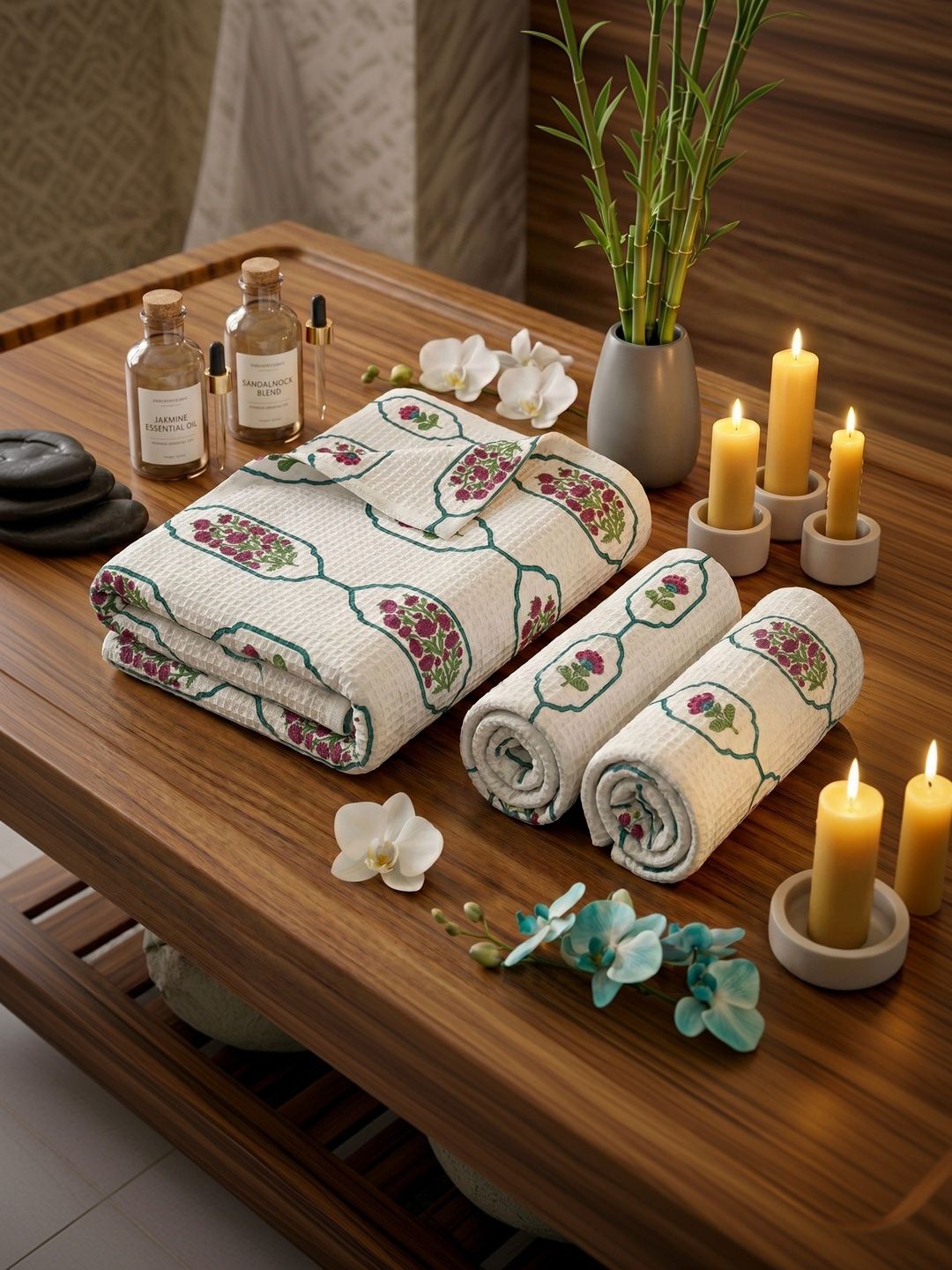 MAFATLAL White & Green 3 Piece Printed Cotton 250 GSM Towel Set-image-39