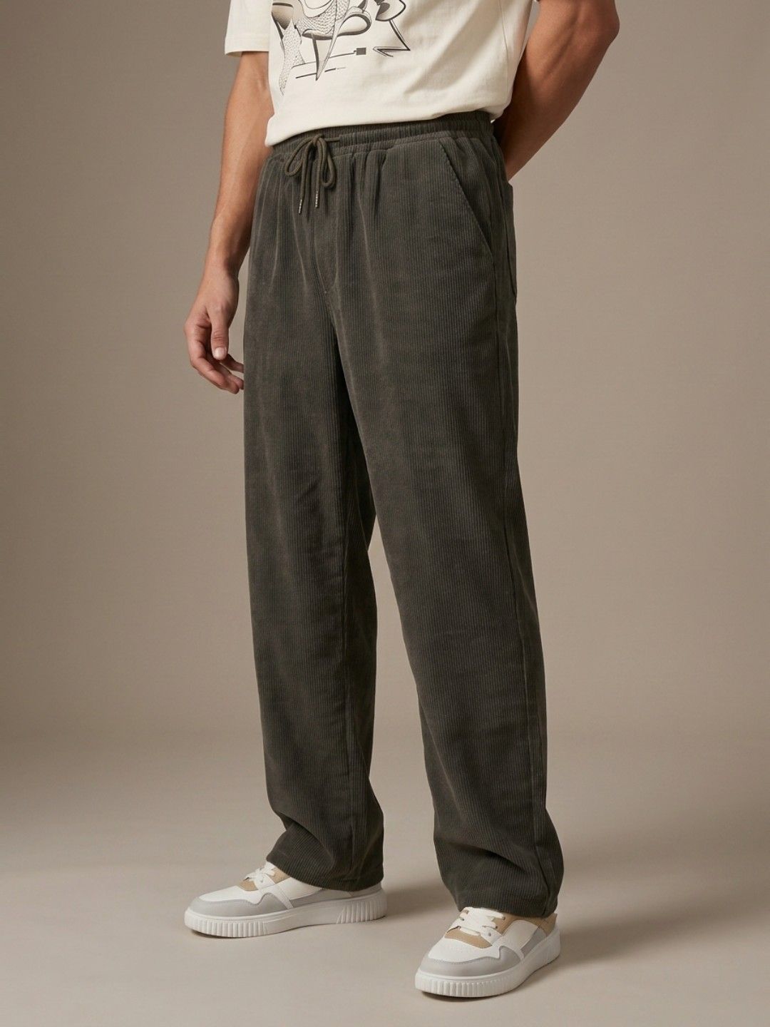 glitchez Men Textured Baggy Fit Corduroy Track Pants-image-26