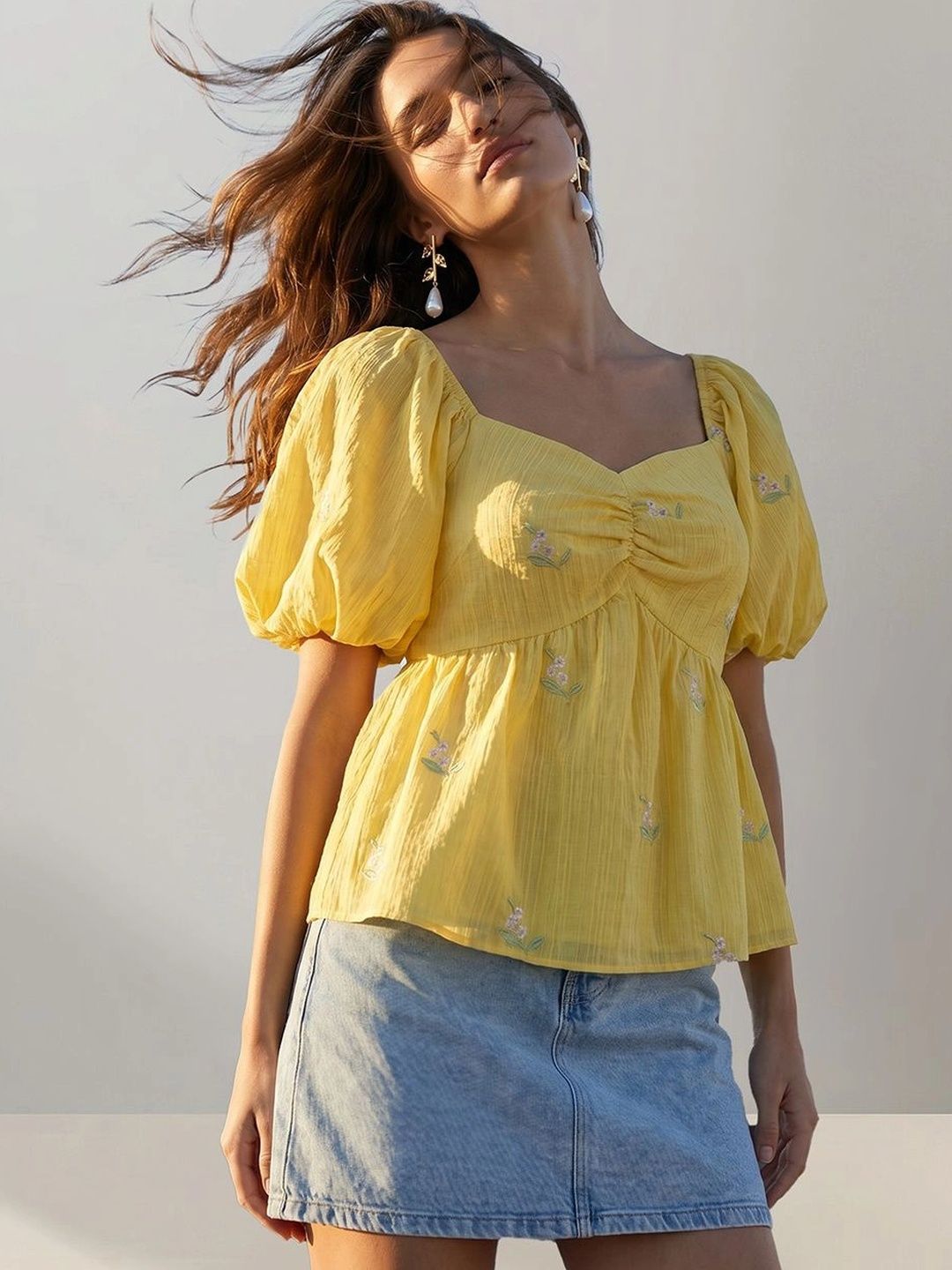 Vero Moda Embellished Embroidered Puff Sleeve Peplum Top-picture-41