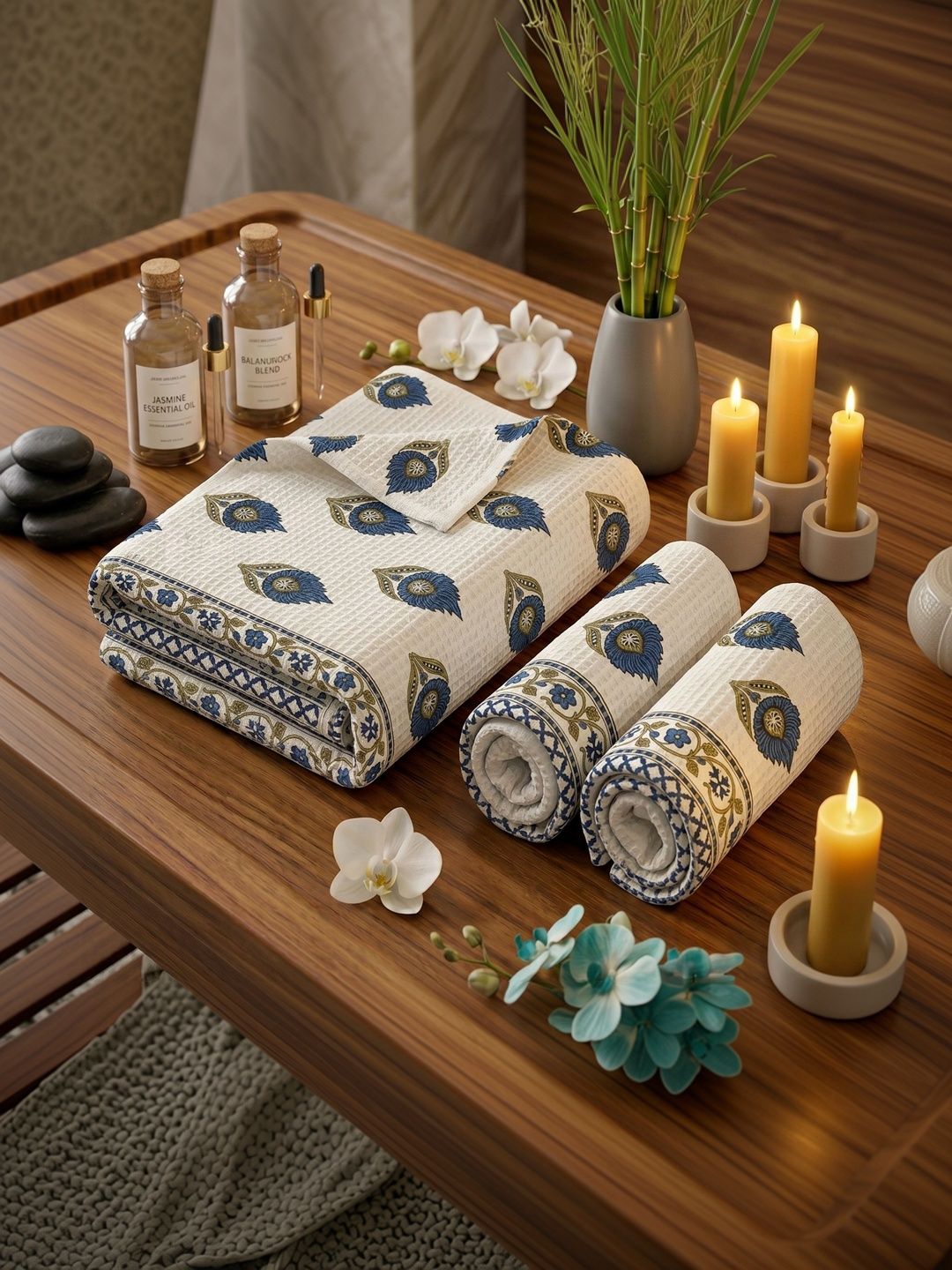 MAFATLAL White & Blue 3 Piece Printed Cotton 250 GSM Towel Set-image-46