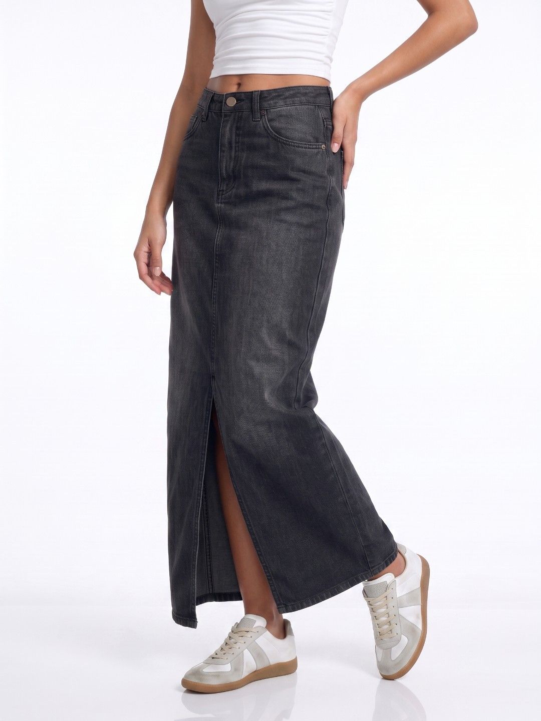 glitchez Women Front Slit Midi Denim Straight Skirt-picture-13