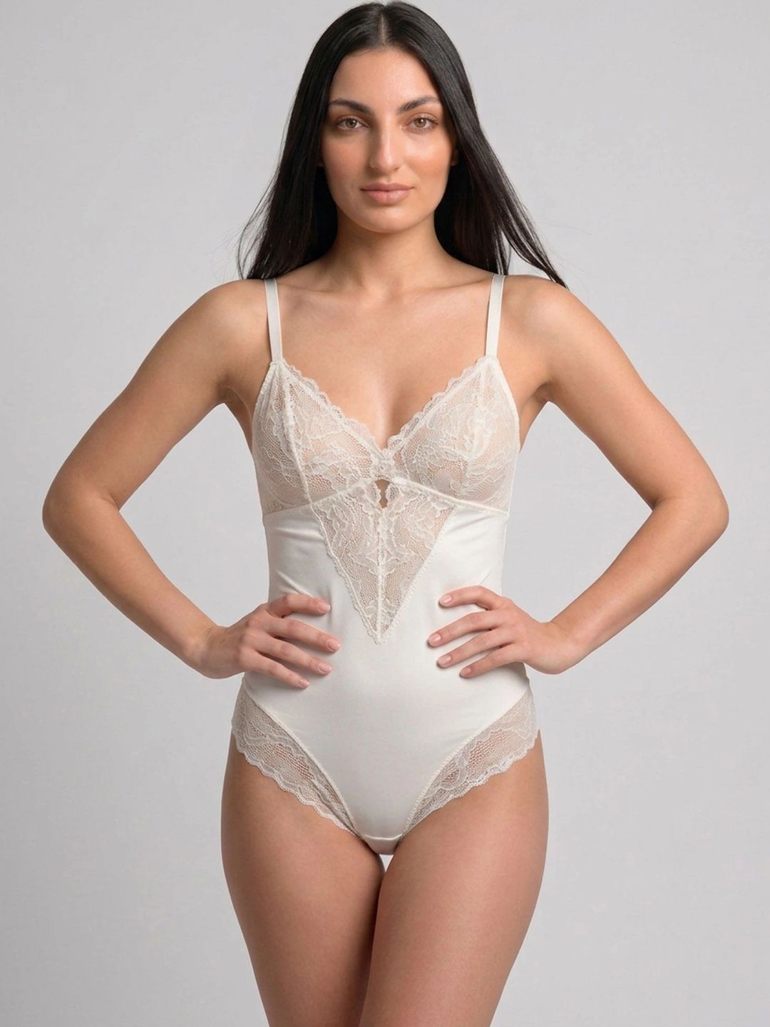 Chelvet Embroidered Strappy Lace Compression V-Neck Bodysuit-picture-13