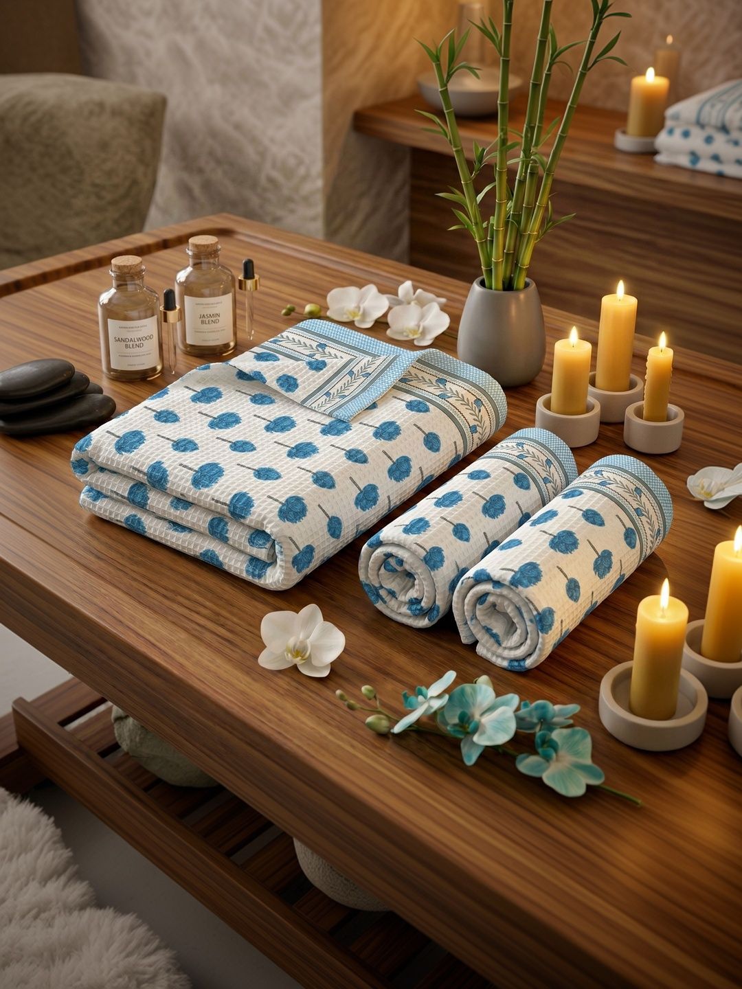 MAFATLAL White & Blue 3 Piece Printed Cotton 250 GSM Towel Set-image-38