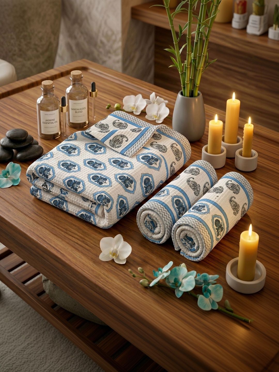 MAFATLAL White & Blue 3 Piece Printed Cotton 250 GSM Towel Set-image-40