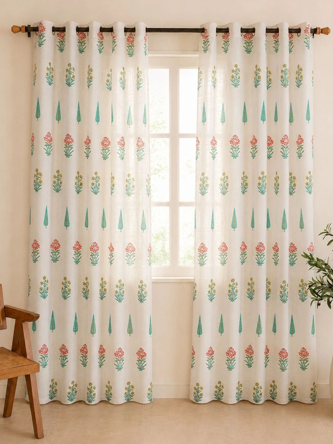 Clasiko Orange & White Set of 2 Floral Sheer Door Curtain-image-32