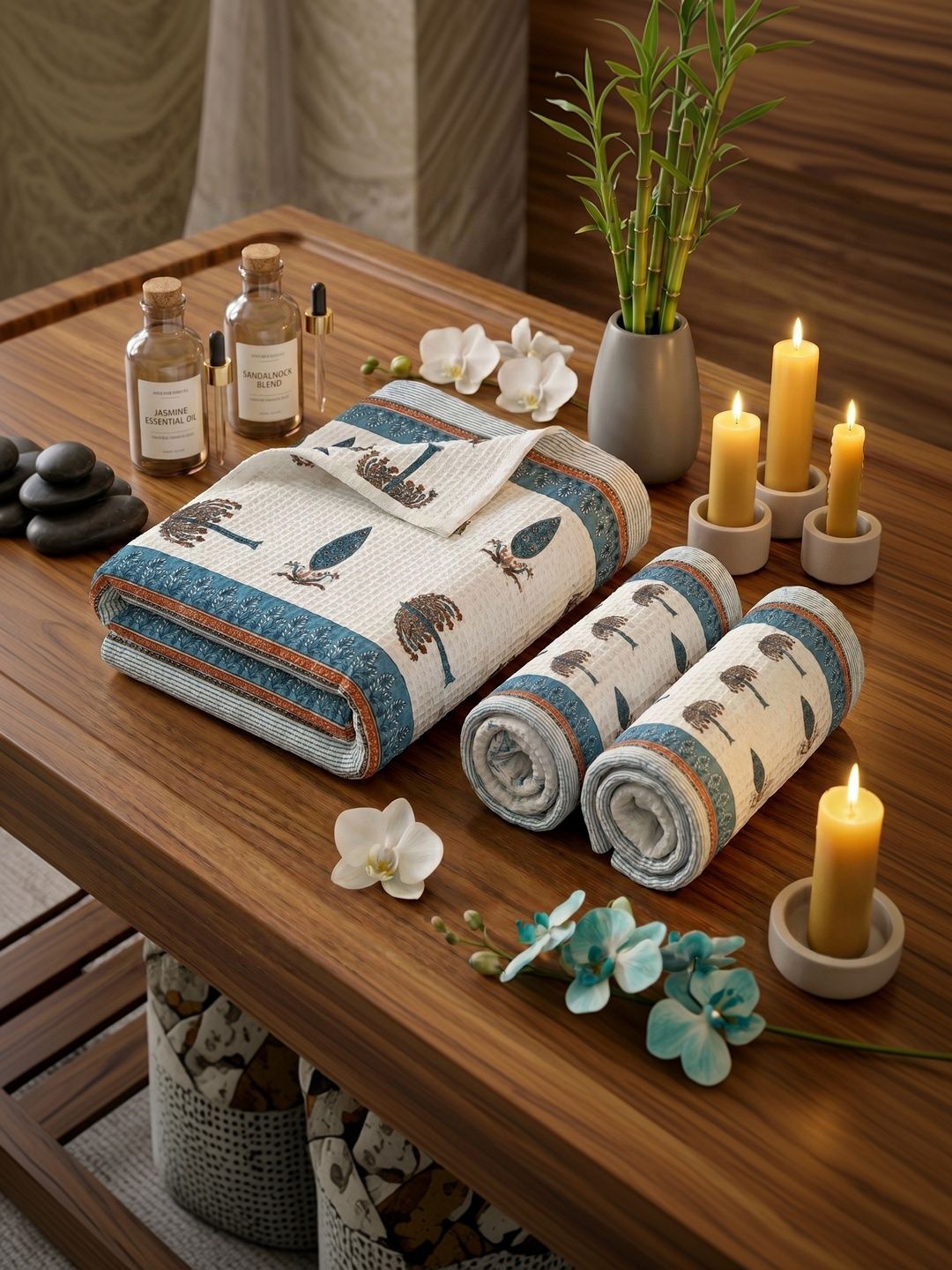 MAFATLAL White & Blue 3 Piece Printed Cotton 250 GSM Towel Set-image-48