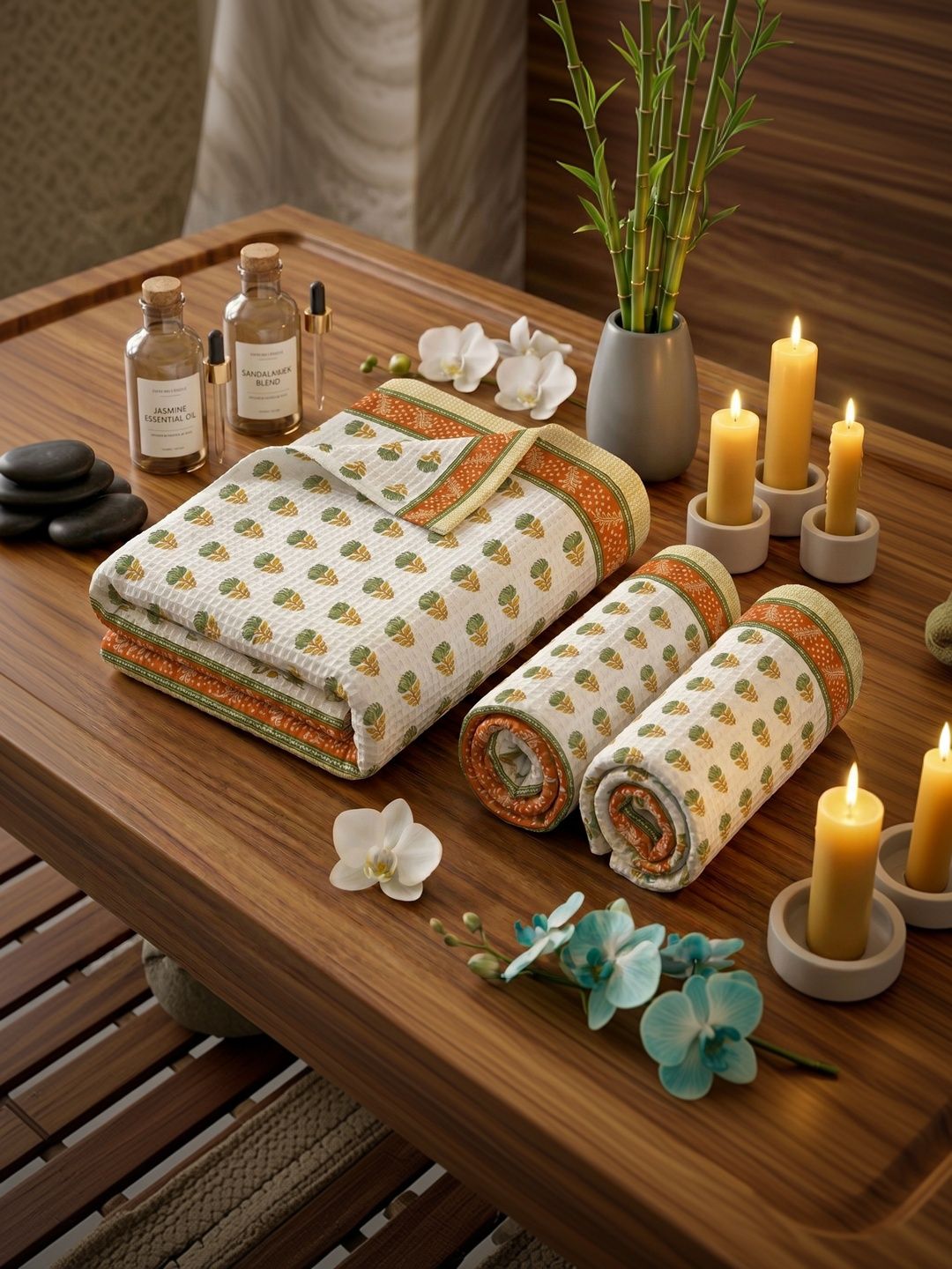 MAFATLAL White & Green 3 Piece Printed Cotton 250 GSM Towel Set-picture-30
