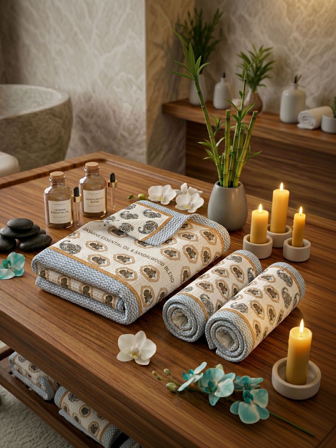 MAFATLAL White & Beige 3 Piece Printed Cotton 250 GSM Towel Set-image-4
