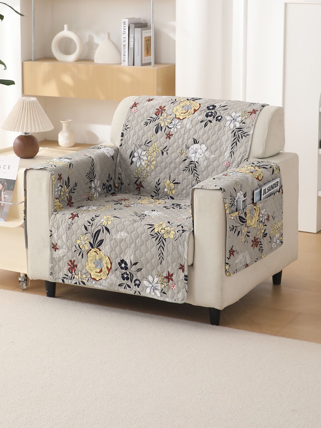 HOKIPO Ash Grey Floral VivaCasa Series 1 Seater Quilted Sofa Cover-picture-14