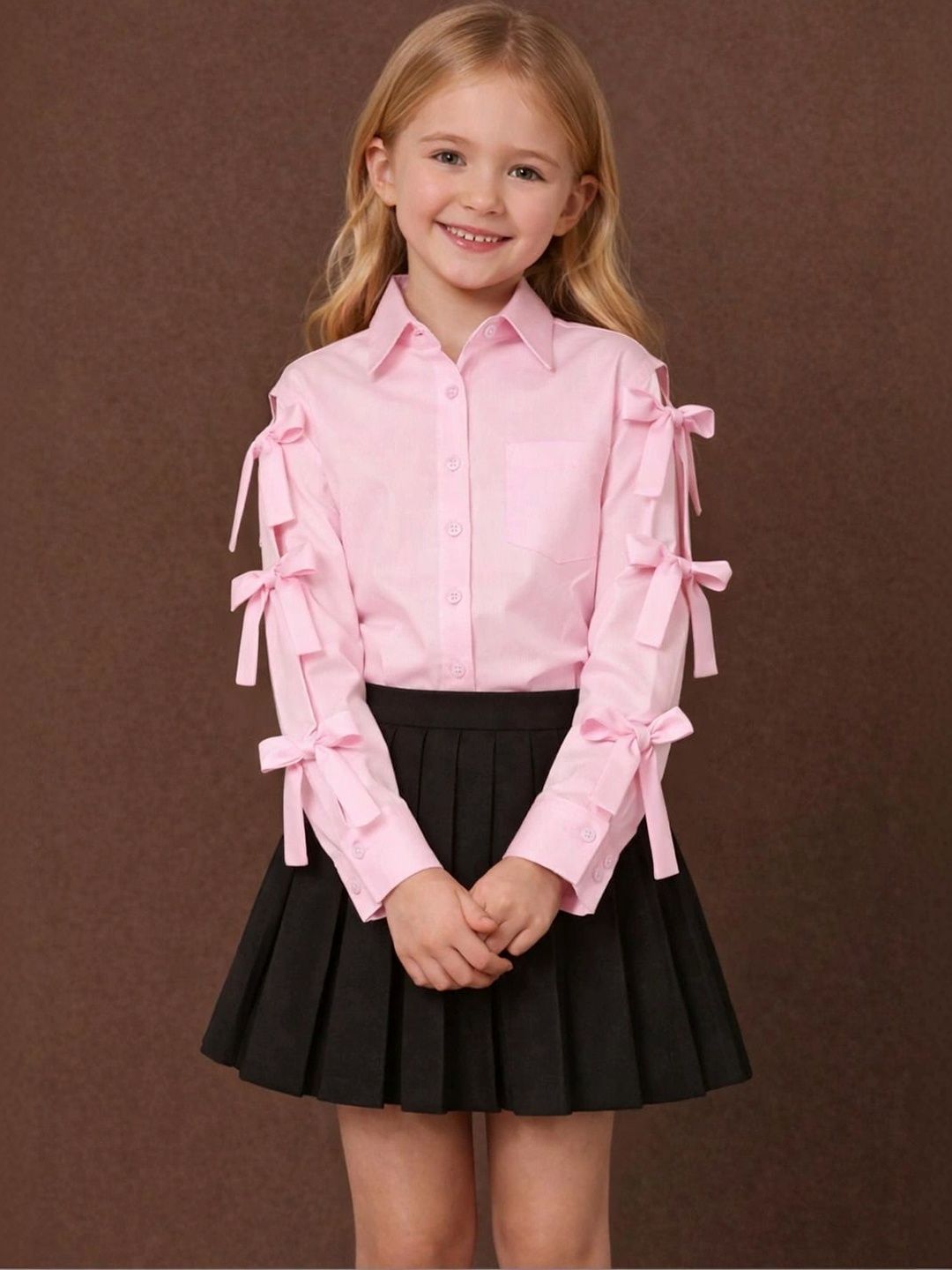 THE LITTLE CELEBS Bow Detail Solid Shirt with Skirt-image-29