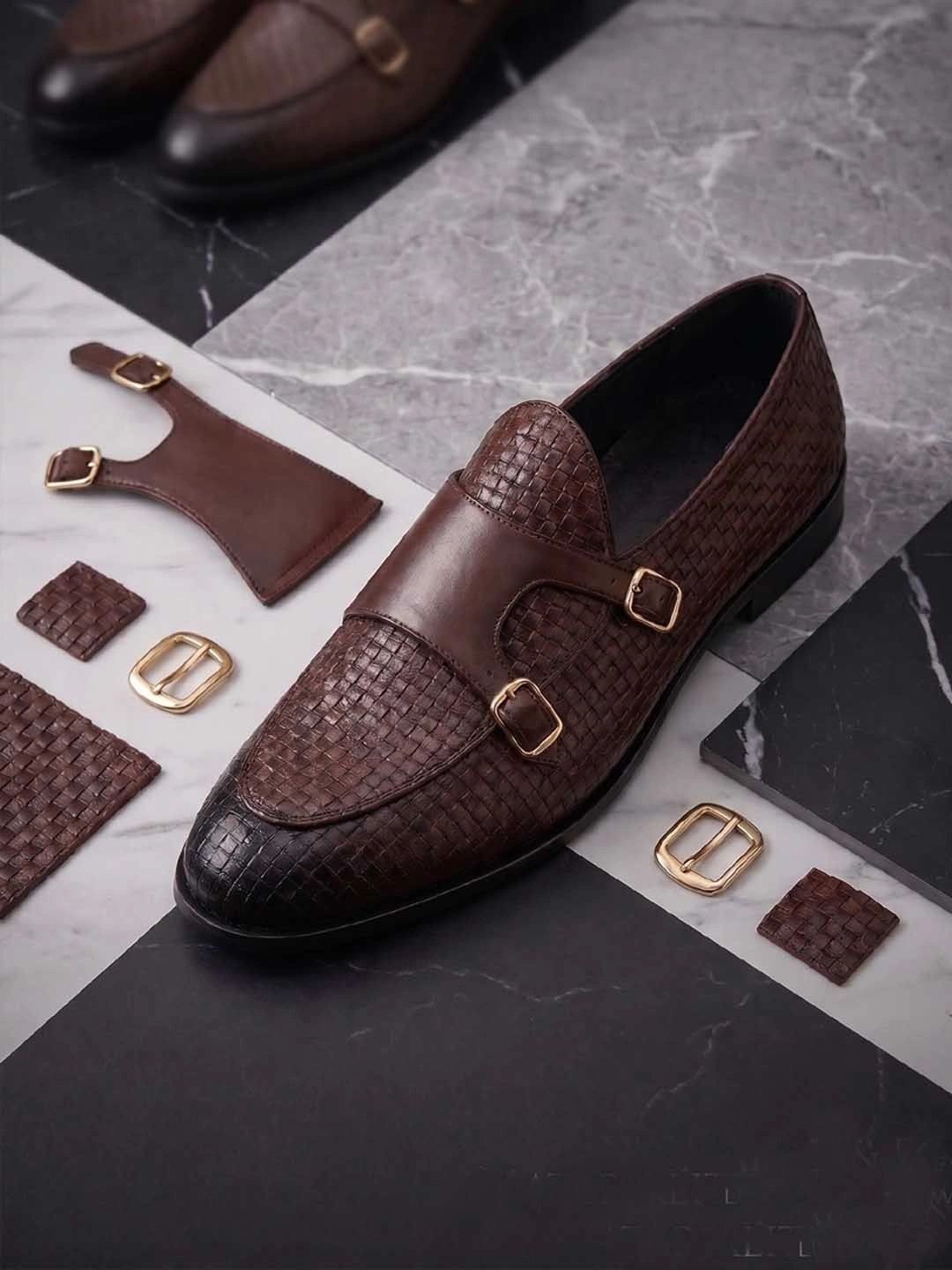 HERE&NOW Men Textured Pointed Toe Buckle Formal Monk Shoes-image-40