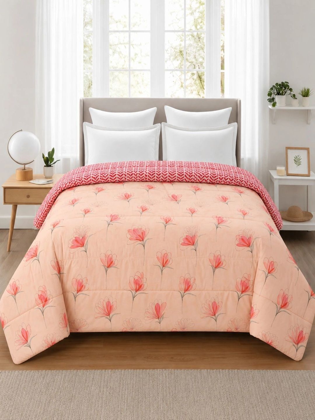 Florida Peach-Coloured Floral Microfiber Comforter-image-18