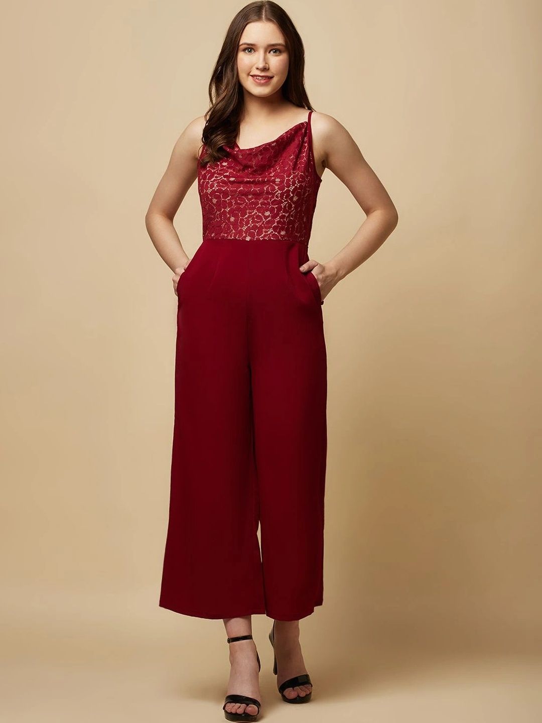 PINK PODS Cowl Neck Printed Culotte Jumpsuit with Lace Inserts-picture-52